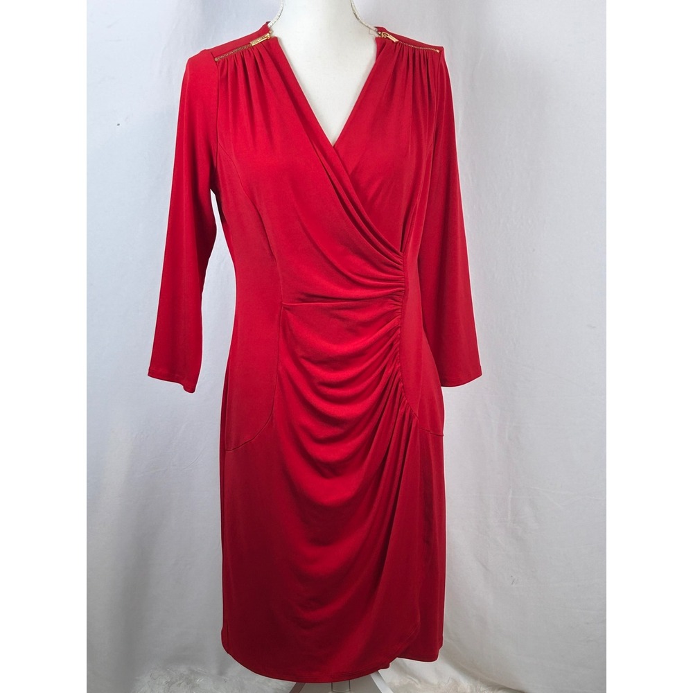 Calvin Klein Faux Wrap Dress Womens 8 Red Excellent Ruched Gold Zipper Sheath